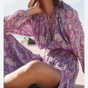 House of Harlow 1960 Mini Dress Floral Ruffle V-Neck Long Sleeve Tassels Purple